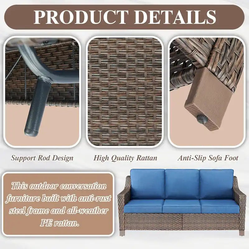 Ensemble de patio 5 pièces avec chaise à bascule, canapé, poufs et table - Marron