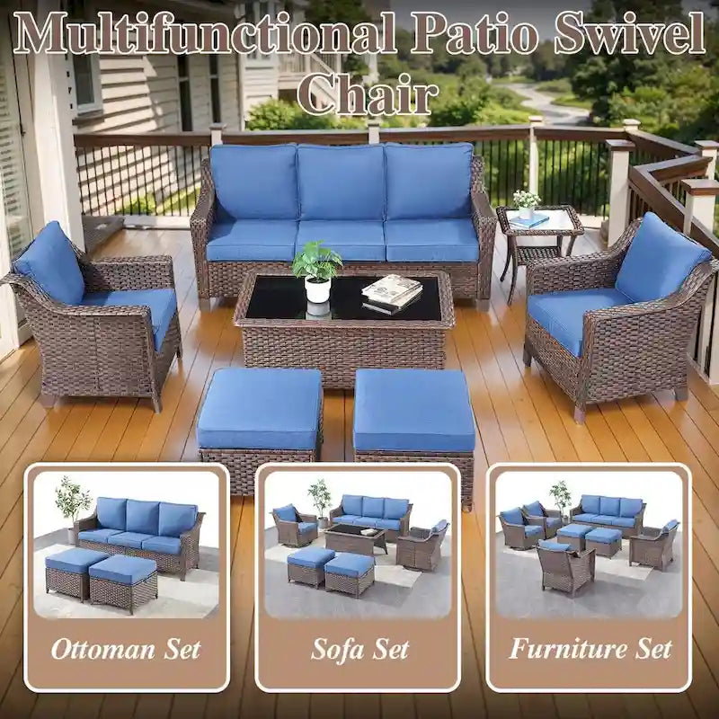 Ensemble de patio 5 pièces avec chaise à bascule, canapé, poufs et table - Marron