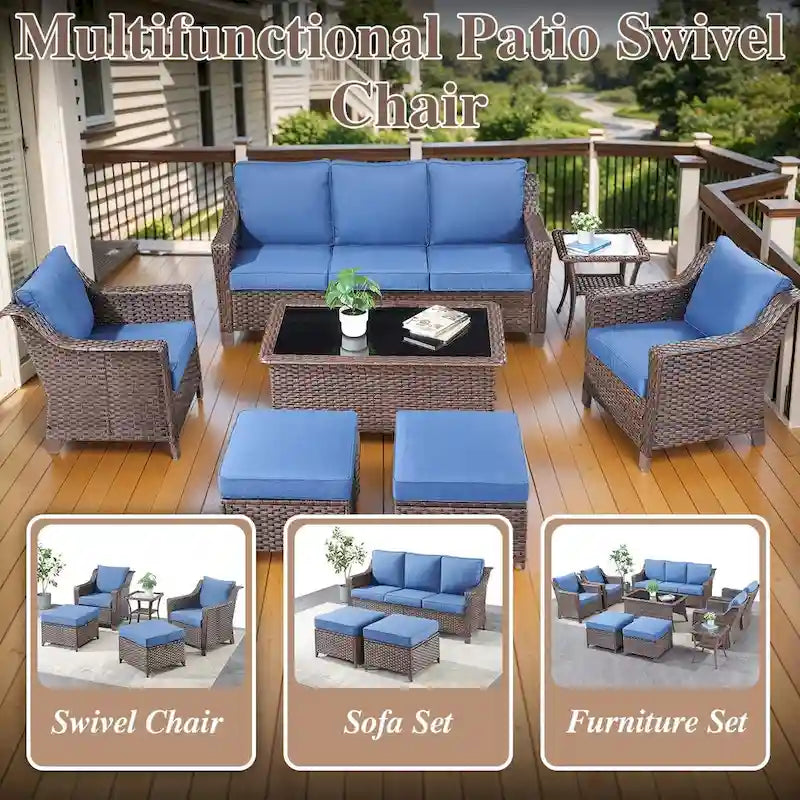 Ensemble de patio 5 pièces avec chaise à bascule, canapé, poufs et table - Marron