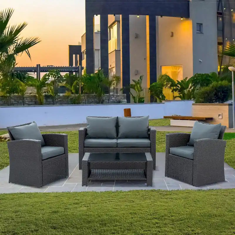 Patio PE Wicker Furniture Sets, 4 Set Outdoor Furniture with Tempered Glass Table, Water-Resistant Fabric Cover