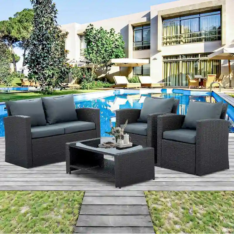 Ensembles de meubles de patio en osier PE, ensemble de 4 meubles d'extérieur avec table en verre trempé, housse en tissu résistant à l'eau