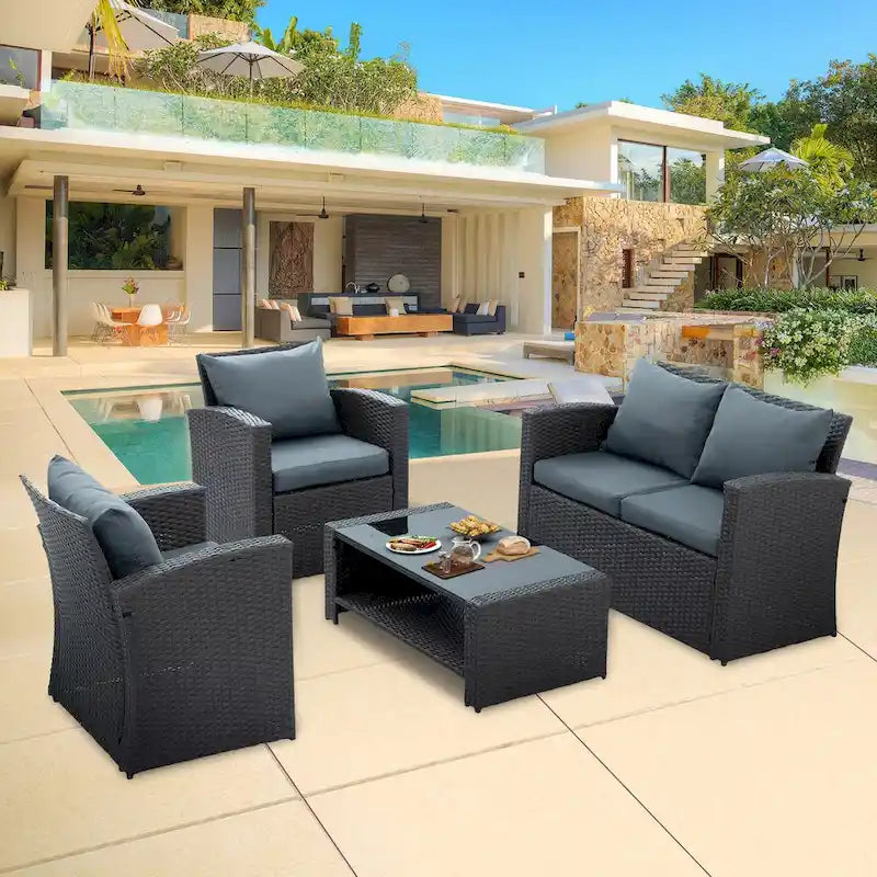 Ensembles de meubles de patio en osier PE, ensemble de 4 meubles d'extérieur avec table en verre trempé, housse en tissu résistant à l'eau