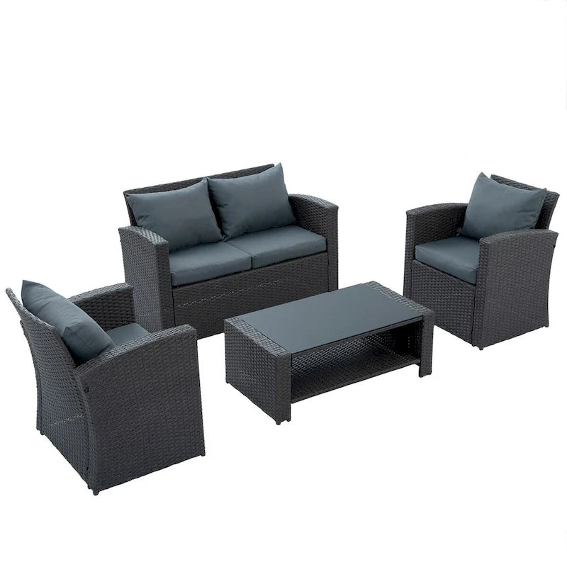 Ensembles de meubles de patio en osier PE, ensemble de 4 meubles d'extérieur avec table en verre trempé, housse en tissu résistant à l'eau
