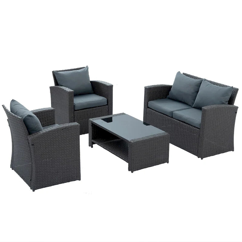 Ensembles de meubles de patio en osier PE, ensemble de 4 meubles d'extérieur avec table en verre trempé, housse en tissu résistant à l'eau