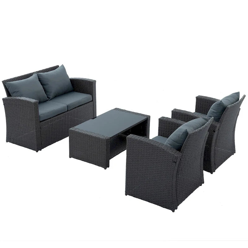 Ensembles de meubles de patio en osier PE, ensemble de 4 meubles d'extérieur avec table en verre trempé, housse en tissu résistant à l'eau