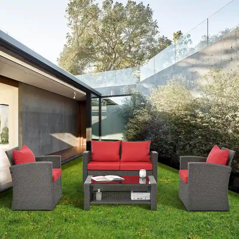 Ensembles de meubles de patio en osier PE, ensemble de 4 meubles d'extérieur avec table en verre trempé, housse en tissu résistant à l'eau