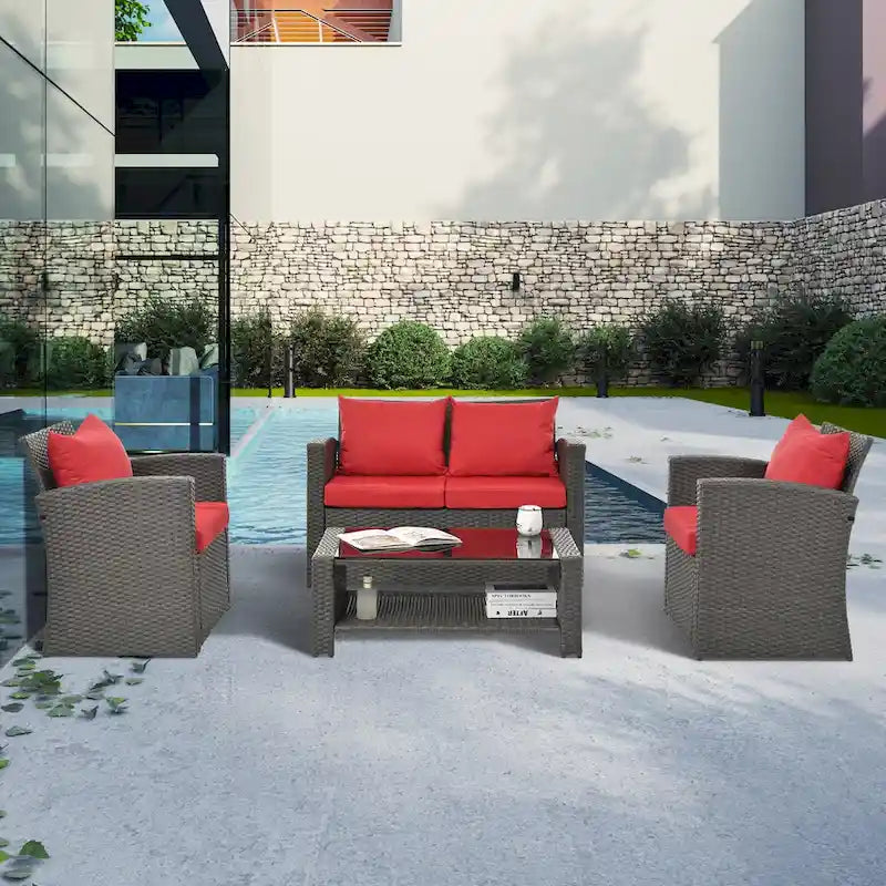 Ensembles de meubles de patio en osier PE, ensemble de 4 meubles d'extérieur avec table en verre trempé, housse en tissu résistant à l'eau