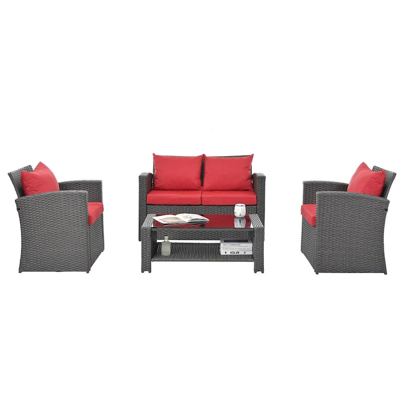 Ensembles de meubles de patio en osier PE, ensemble de 4 meubles d'extérieur avec table en verre trempé, housse en tissu résistant à l'eau