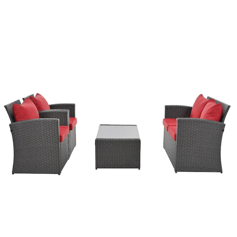 Ensembles de meubles de patio en osier PE, ensemble de 4 meubles d'extérieur avec table en verre trempé, housse en tissu résistant à l'eau