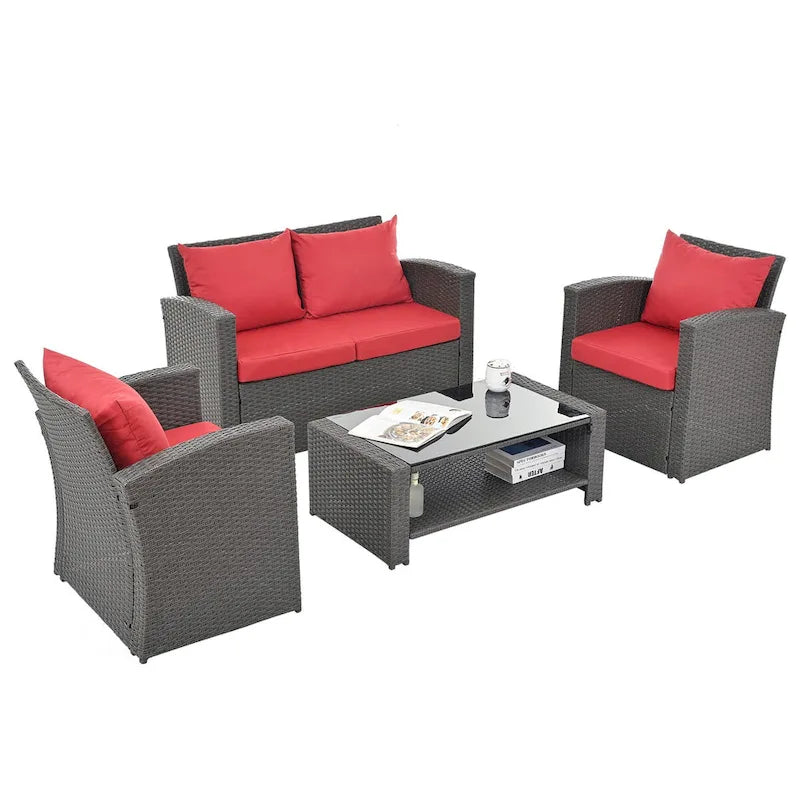 Ensembles de meubles de patio en osier PE, ensemble de 4 meubles d'extérieur avec table en verre trempé, housse en tissu résistant à l'eau
