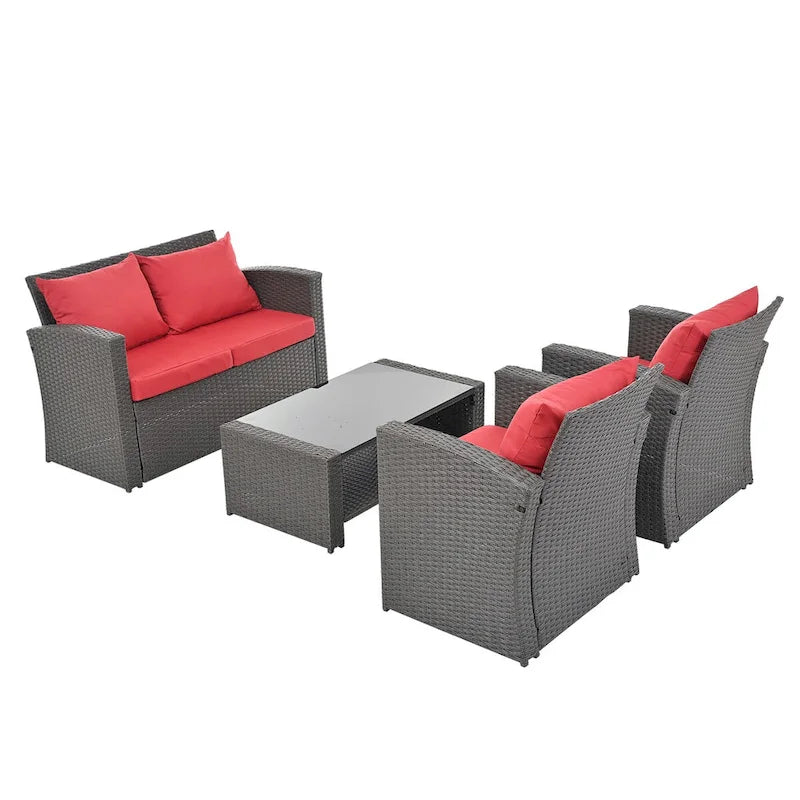 Ensembles de meubles de patio en osier PE, ensemble de 4 meubles d'extérieur avec table en verre trempé, housse en tissu résistant à l'eau