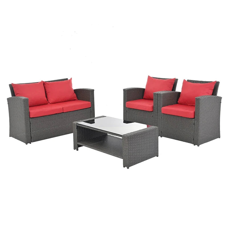 Ensembles de meubles de patio en osier PE, ensemble de 4 meubles d'extérieur avec table en verre trempé, housse en tissu résistant à l'eau