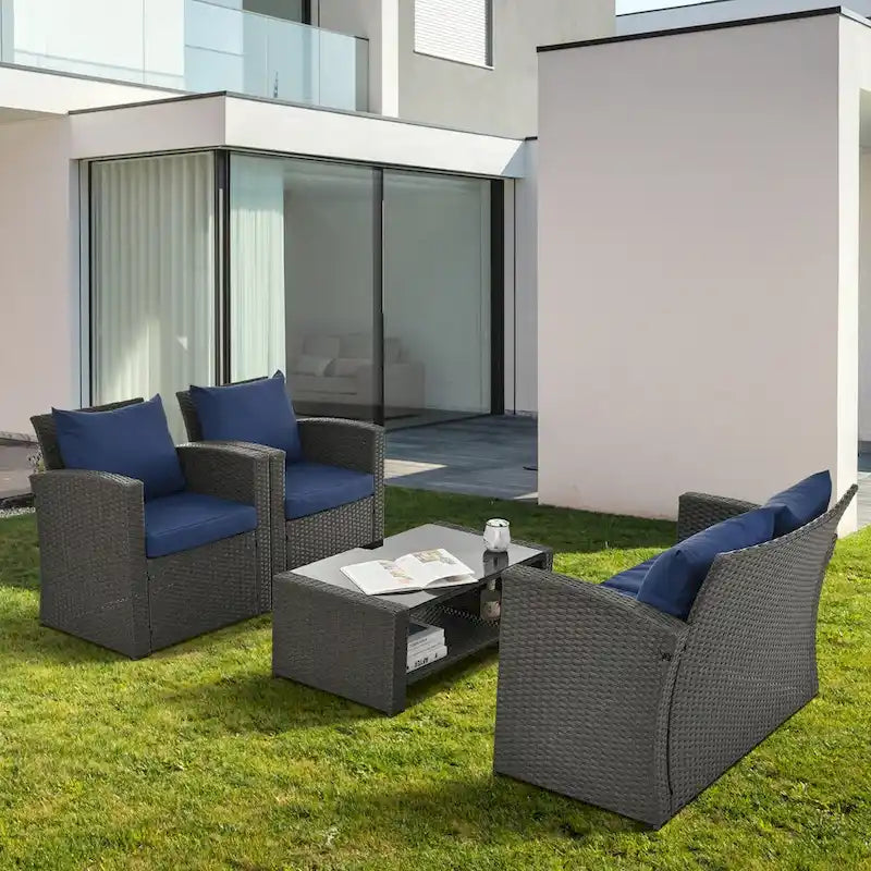 Ensembles de meubles de patio en osier PE, ensemble de 4 meubles d'extérieur avec table en verre trempé, housse en tissu résistant à l'eau