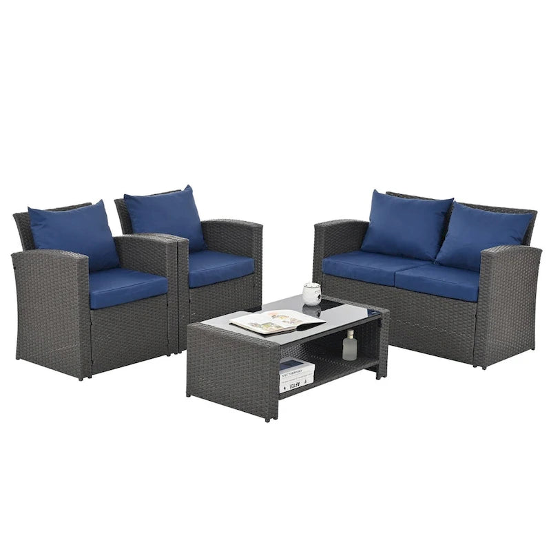 Ensembles de meubles de patio en osier PE, ensemble de 4 meubles d'extérieur avec table en verre trempé, housse en tissu résistant à l'eau