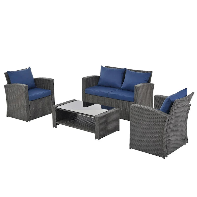 Ensembles de meubles de patio en osier PE, ensemble de 4 meubles d'extérieur avec table en verre trempé, housse en tissu résistant à l'eau