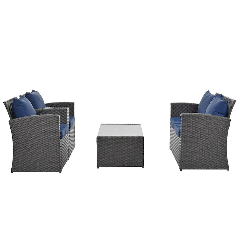 Ensembles de meubles de patio en osier PE, ensemble de 4 meubles d'extérieur avec table en verre trempé, housse en tissu résistant à l'eau