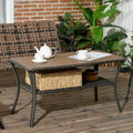 Patio PE Rattan Coffee Table with Storage Shelf, Outdoor 2-Layer Side Table with Wood-plastic Composite Top