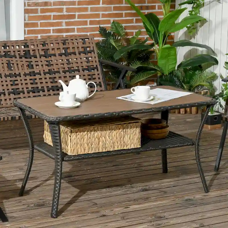 Patio PE Rattan Coffee Table with Storage Shelf, Outdoor 2-Layer Side Table with Wood-plastic Composite Top