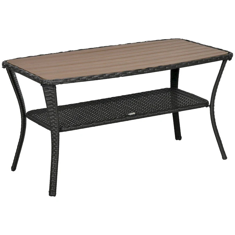 Table basse de patio en rotin PE avec étagère de rangement, table d'appoint d'extérieur à 2 niveaux avec plateau en composite bois-plastique