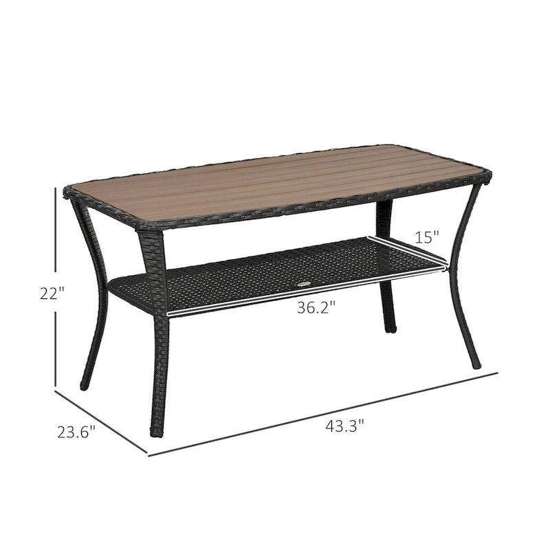 Table basse de patio en rotin PE avec étagère de rangement, table d'appoint d'extérieur à 2 niveaux avec plateau en composite bois-plastique