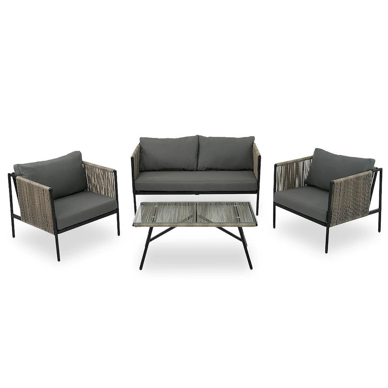 Ensemble de patio en corde d'extérieur 4 pièces pour 4 personnes avec coussins et table en verre