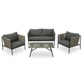 Ensemble de patio en corde d'extérieur 4 pièces pour 4 personnes avec coussins et table en verre
