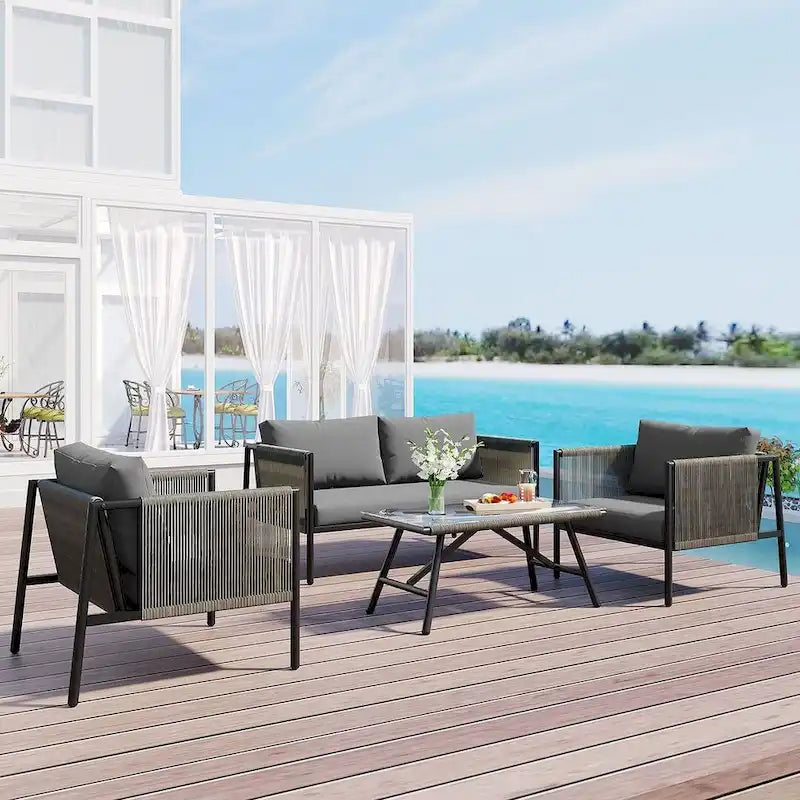 Ensemble de patio en corde d'extérieur 4 pièces pour 4 personnes avec coussins et table en verre