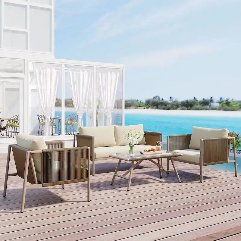 Ensemble de patio en corde d'extérieur 4 pièces pour 4 personnes avec coussins et table en verre