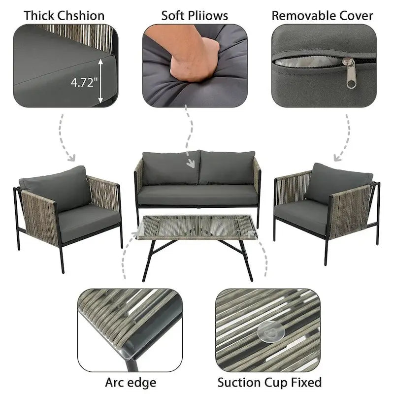 Ensemble de patio en corde d'extérieur 4 pièces pour 4 personnes avec coussins et table en verre
