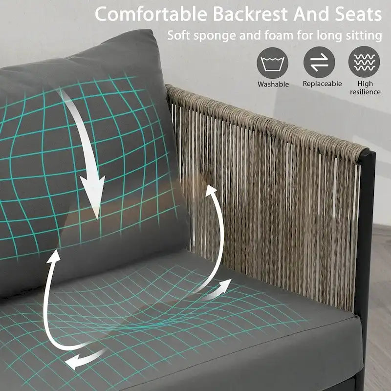 Ensemble de patio en corde d'extérieur 4 pièces pour 4 personnes avec coussins et table en verre