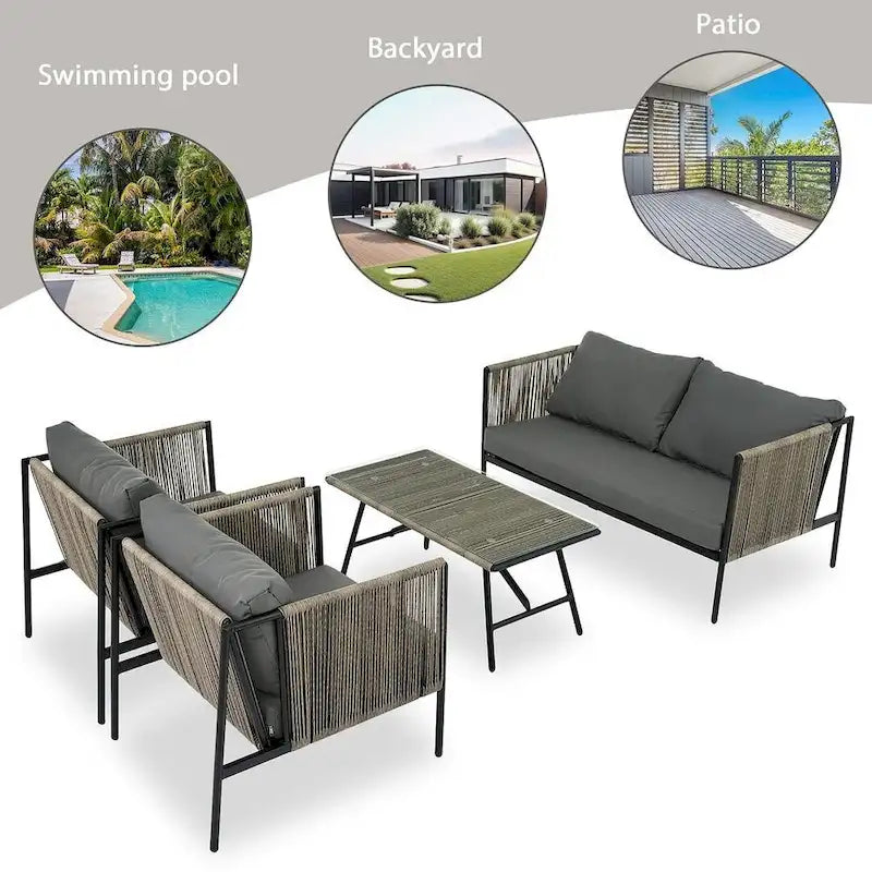 Ensemble de patio en corde d'extérieur 4 pièces pour 4 personnes avec coussins et table en verre
