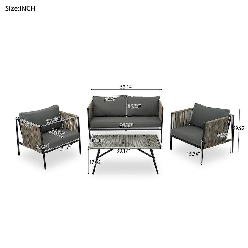 Ensemble de patio en corde d'extérieur 4 pièces pour 4 personnes avec coussins et table en verre