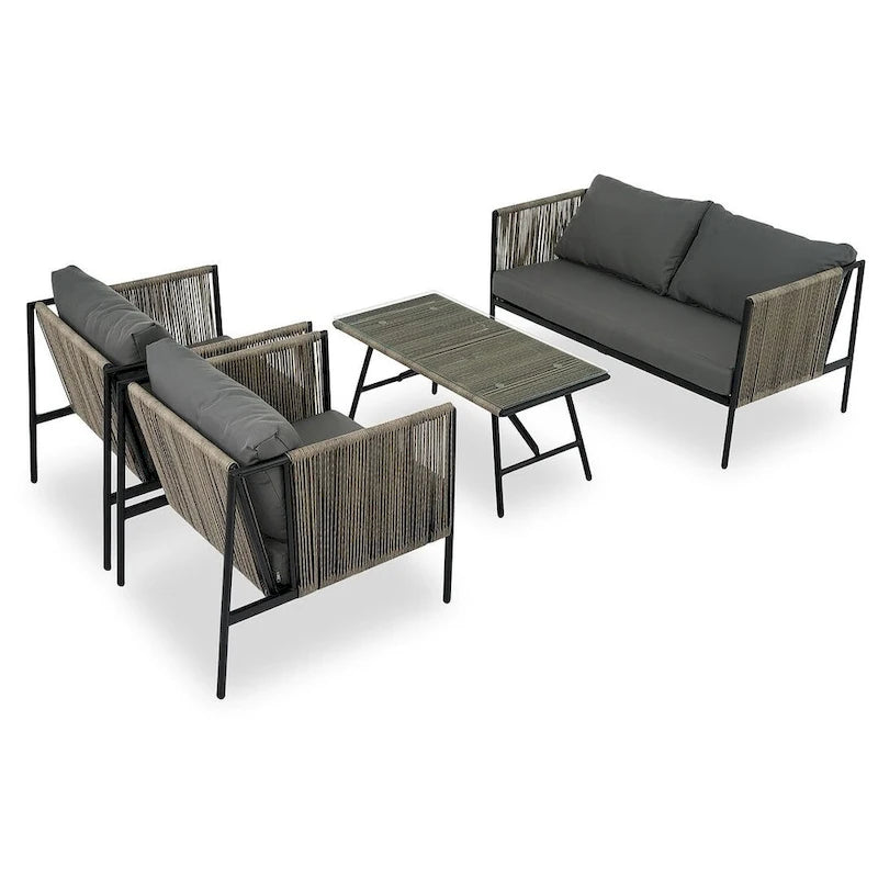 Ensemble de patio en corde d'extérieur 4 pièces pour 4 personnes avec coussins et table en verre