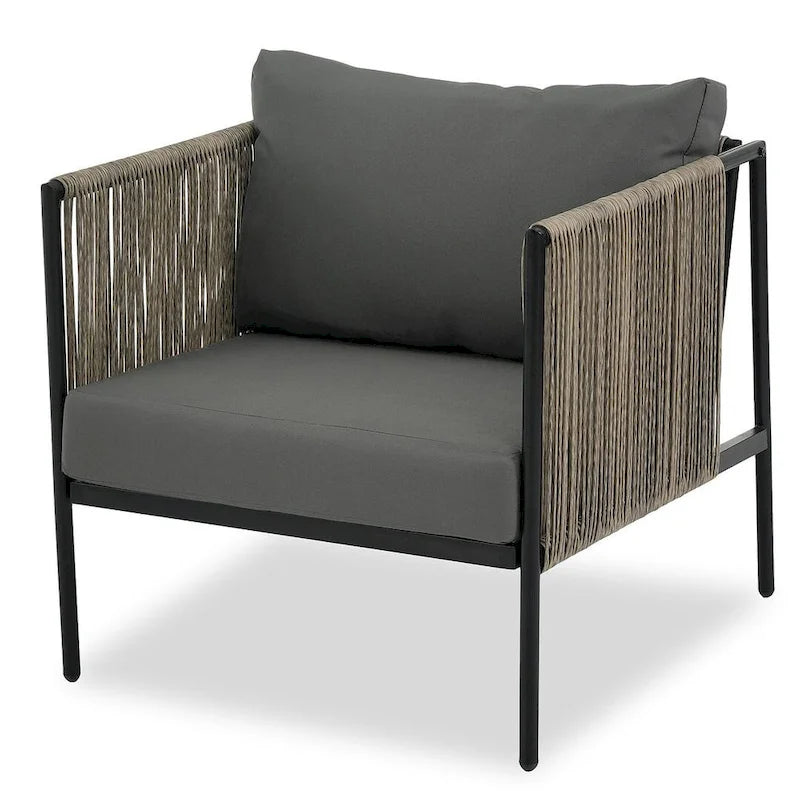 Ensemble de patio en corde d'extérieur 4 pièces pour 4 personnes avec coussins et table en verre