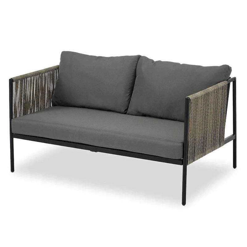Ensemble de patio en corde d'extérieur 4 pièces pour 4 personnes avec coussins et table en verre