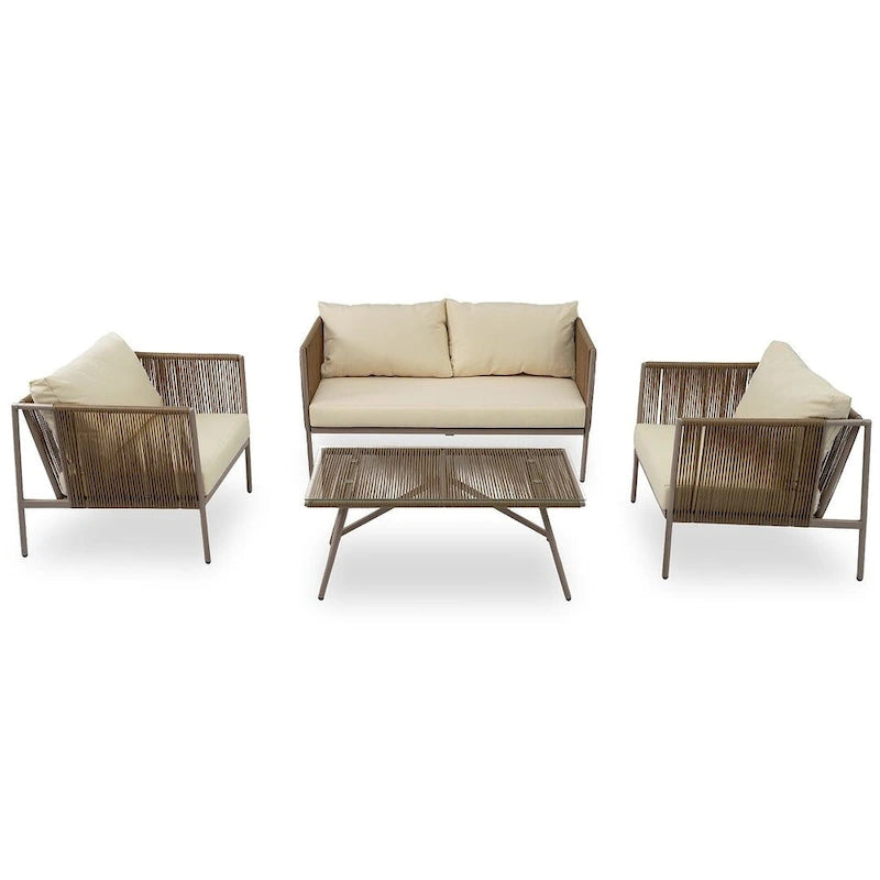 Ensemble de patio en corde d'extérieur 4 pièces pour 4 personnes avec coussins et table en verre