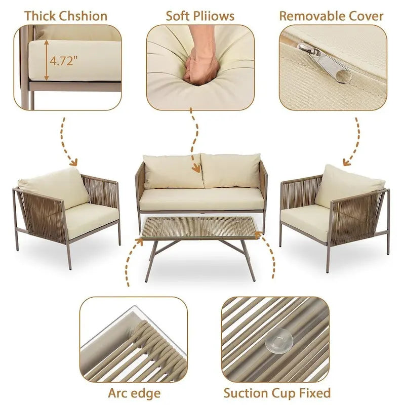 Ensemble de patio en corde d'extérieur 4 pièces pour 4 personnes avec coussins et table en verre