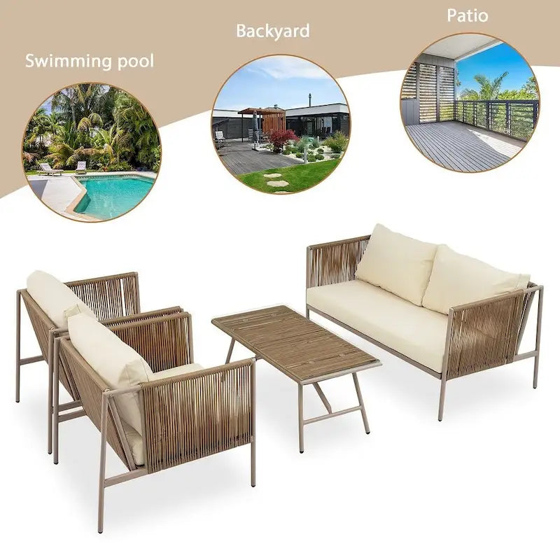 Ensemble de patio en corde d'extérieur 4 pièces pour 4 personnes avec coussins et table en verre