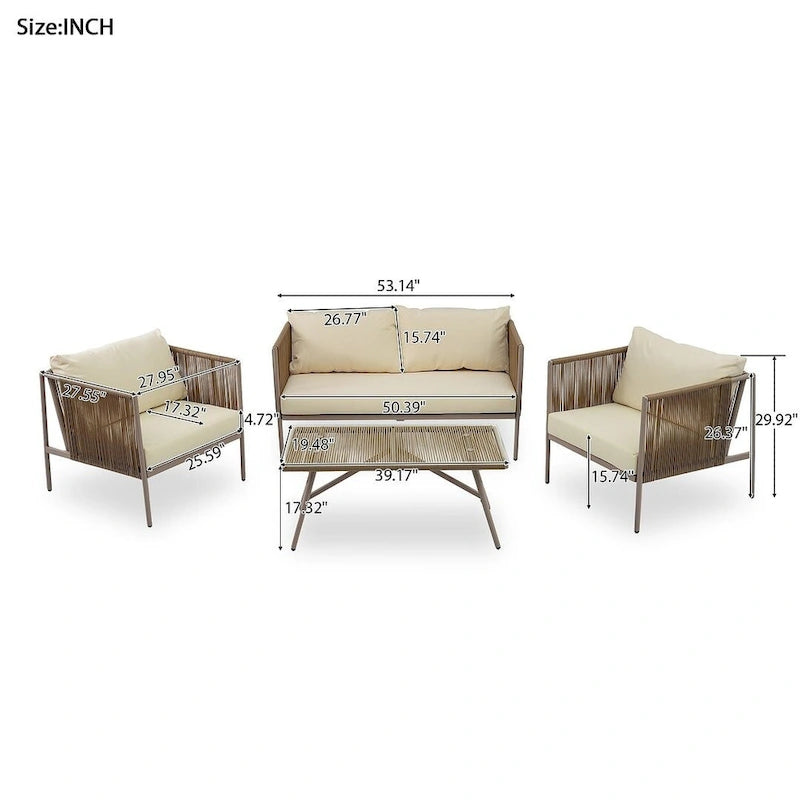 Ensemble de patio en corde d'extérieur 4 pièces pour 4 personnes avec coussins et table en verre