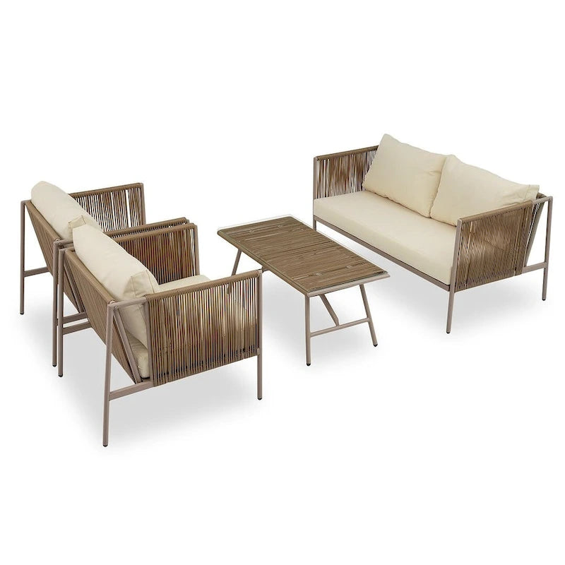 Ensemble de patio en corde d'extérieur 4 pièces pour 4 personnes avec coussins et table en verre
