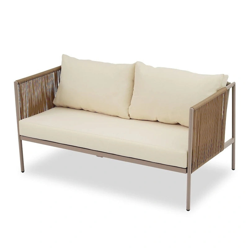 Ensemble de patio en corde d'extérieur 4 pièces pour 4 personnes avec coussins et table en verre