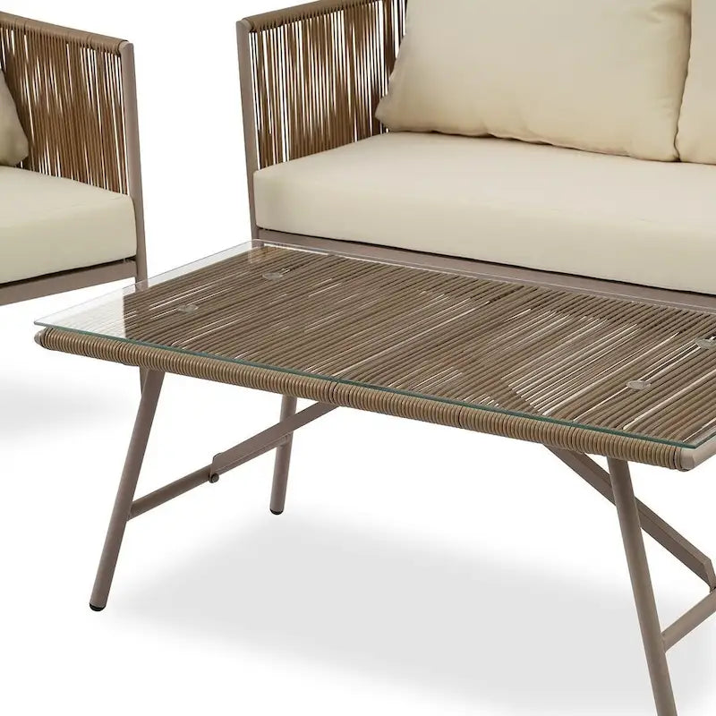Ensemble de patio en corde d'extérieur 4 pièces pour 4 personnes avec coussins et table en verre