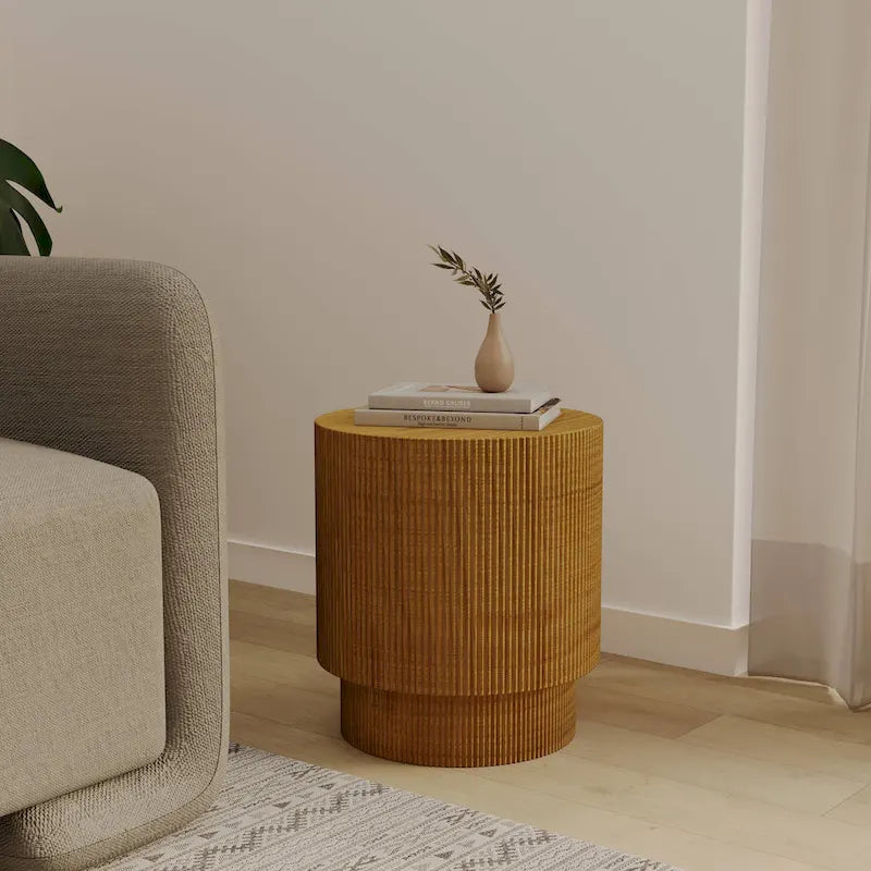 Table d'appoint ronde Eden de 35,5 cm de large en pierre fibrée pour l'intérieur et l'extérieur
