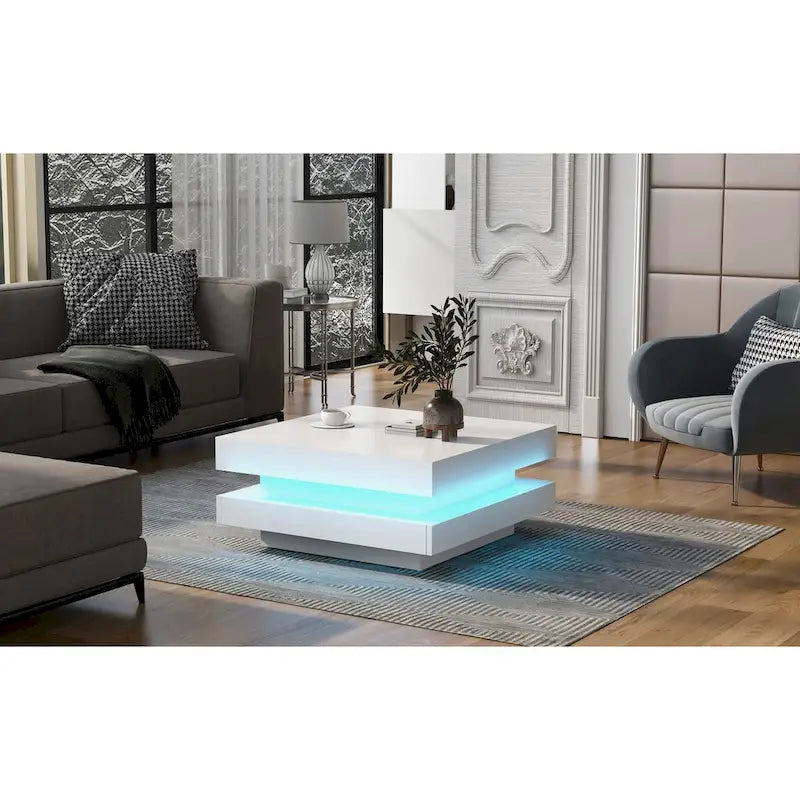 Table basse moderne Mieres, Table basse en bois, Table basse carrée avec lumières LED et rangement à double couche, Table de centre
