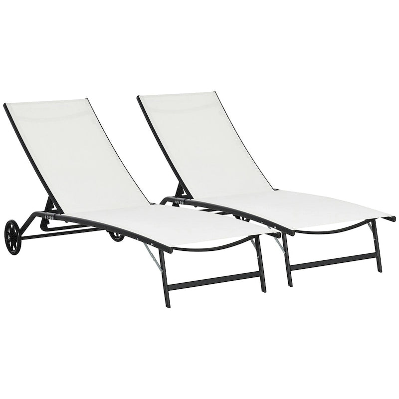 Chaise longue d'extérieur, chaise longue 2 pièces avec roues, chaise longue de bronzage avec 5 positions réglables pour patio, plage