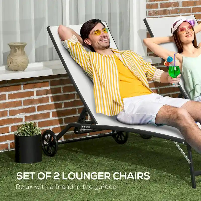 Chaise longue d'extérieur, chaise longue 2 pièces avec roues, chaise longue de bronzage avec 5 positions réglables pour patio, plage