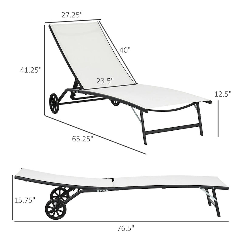 Chaise longue d'extérieur, chaise longue 2 pièces avec roues, chaise longue de bronzage avec 5 positions réglables pour patio, plage
