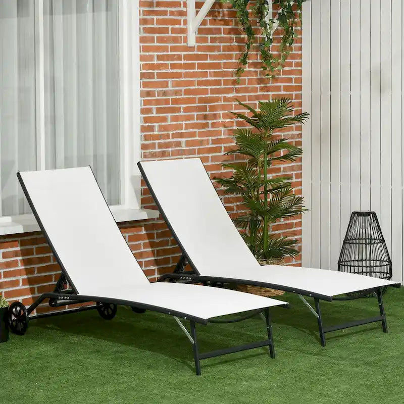 Chaise longue d'extérieur, chaise longue 2 pièces avec roues, chaise longue de bronzage avec 5 positions réglables pour patio, plage