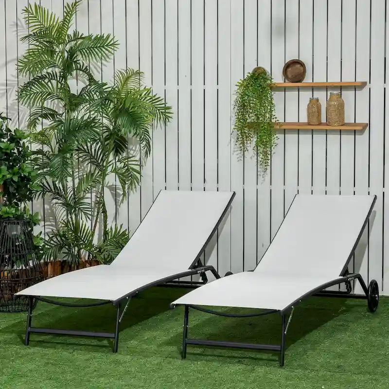 Chaise longue d'extérieur, chaise longue 2 pièces avec roues, chaise longue de bronzage avec 5 positions réglables pour patio, plage