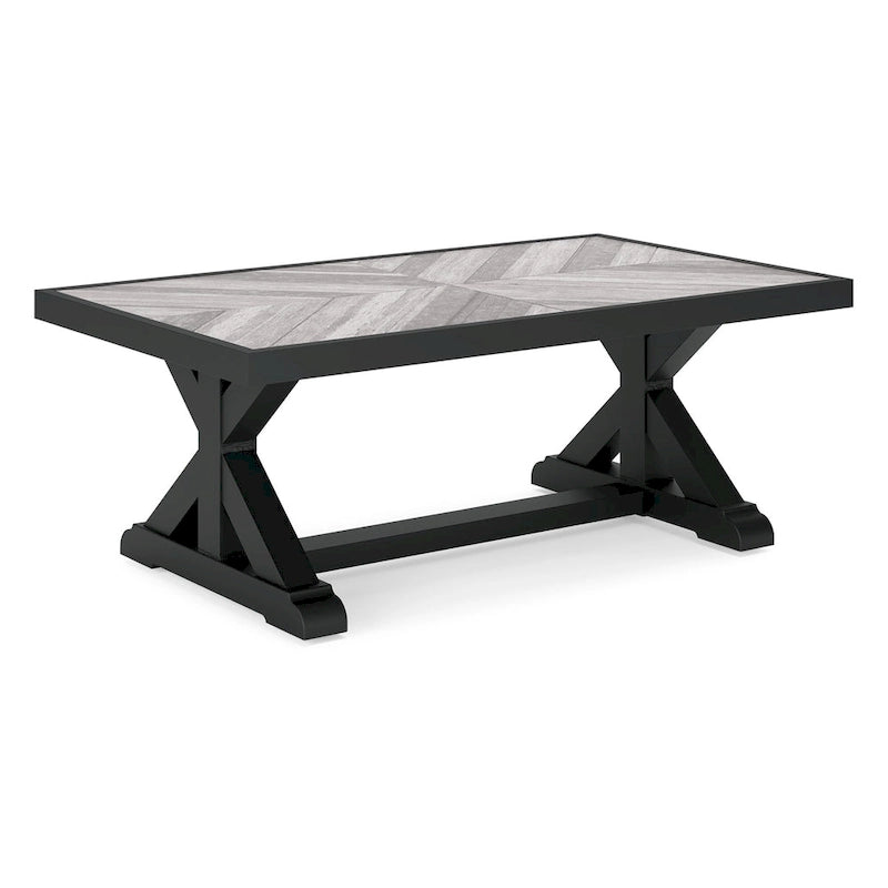 Table basse d'extérieur Tira 48 pouces, plateau en carreaux, noire, finition gris clair